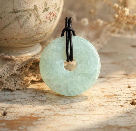Echte Jade Burma Jade China Jade, Anhänger, Donut groß, 40 mm an Lederband Jade Pendant Chinese Pi Disc Lucky Amulet Feng Shui Jewelry