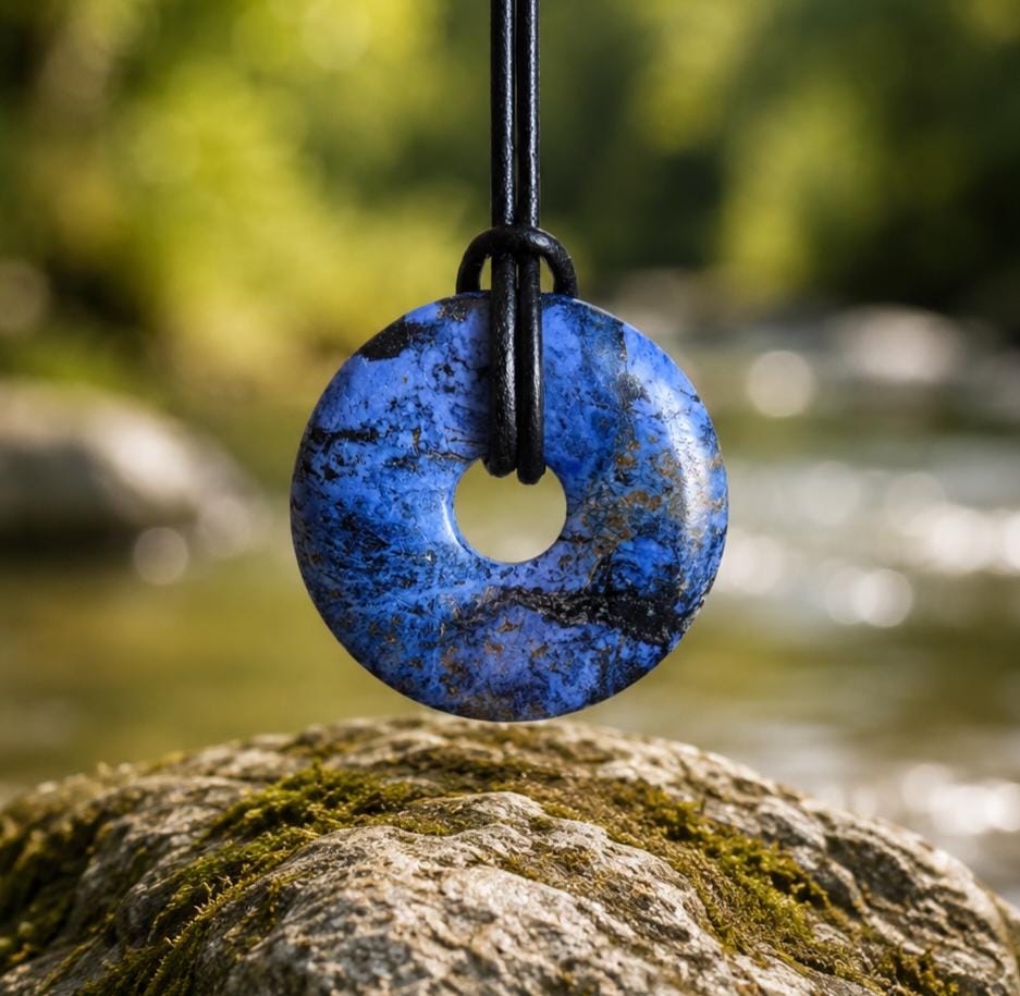 Dumortierit Donut Anhänger, Anti Stress Stein, 31 x 8 mm, an verstellbarem Lederband, Achtsamkeit, Halschakra Stirnchakra