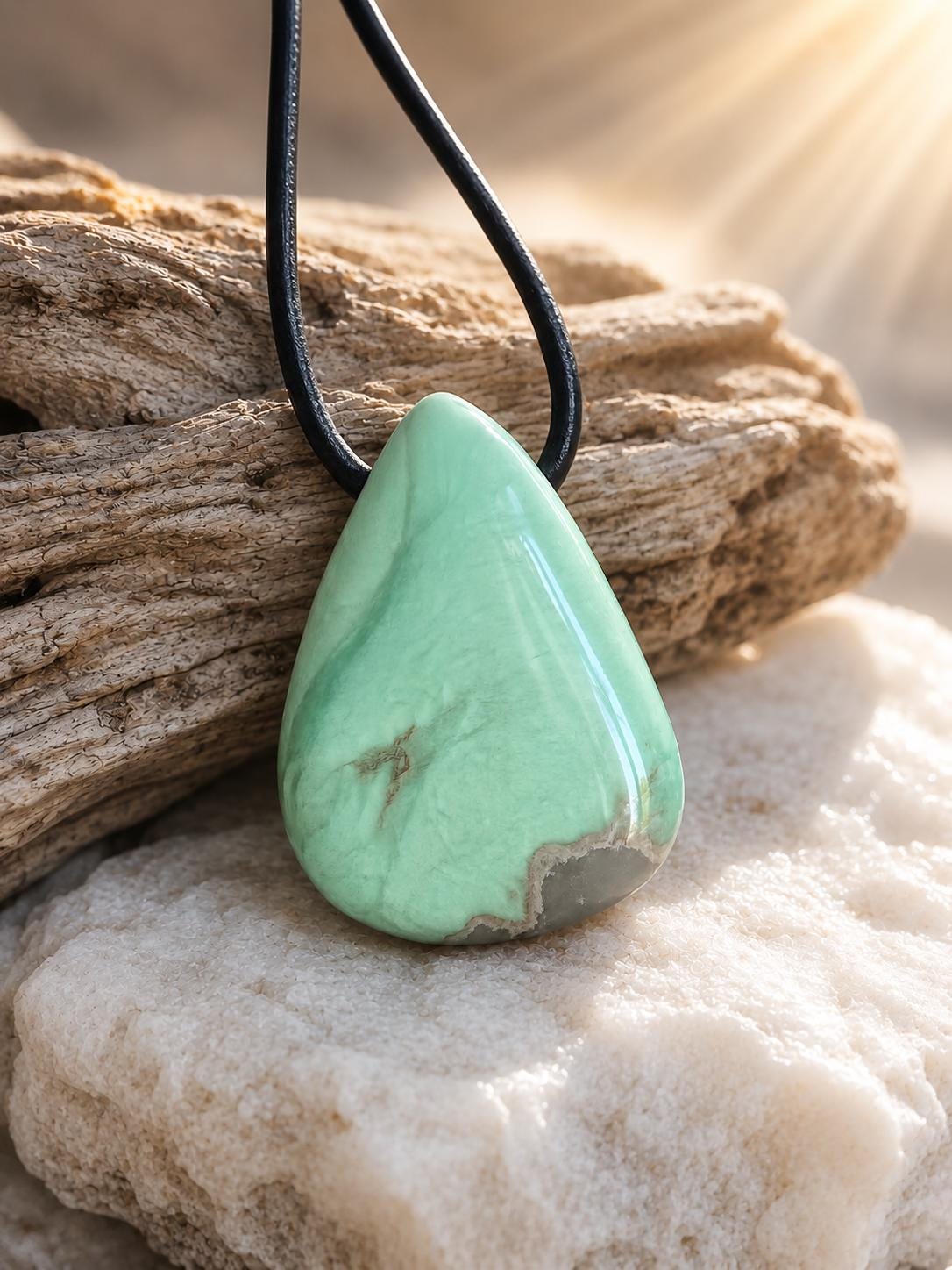 Seltener Variscit, Variscite, Variszit Anhänger, 29 x 23 x 9 mm, gebohrt, an verstellbarem Lederband