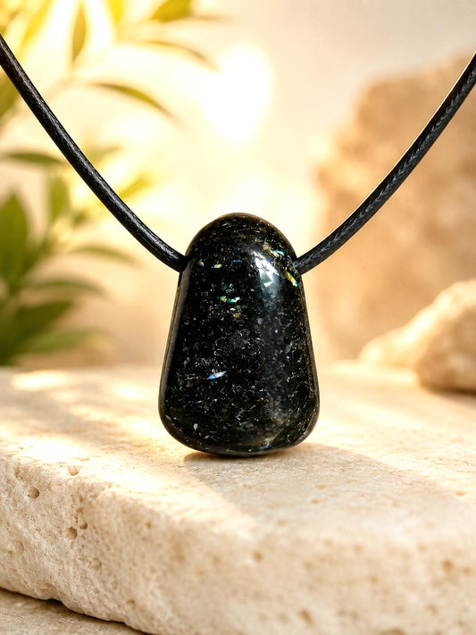 Magischer Nuumit sehr seltener Stein aus Grönland, Anhänger, 25 x 17 x 12 mm, gebohrt, an verstellbarem Lederband