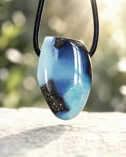 Boulder Opal Boulderopal Anhänger ,"Holiday", 26 x 18 x 10 mm, an verstellbarem Lederband, blauer Kristall Opal flashfire Opal