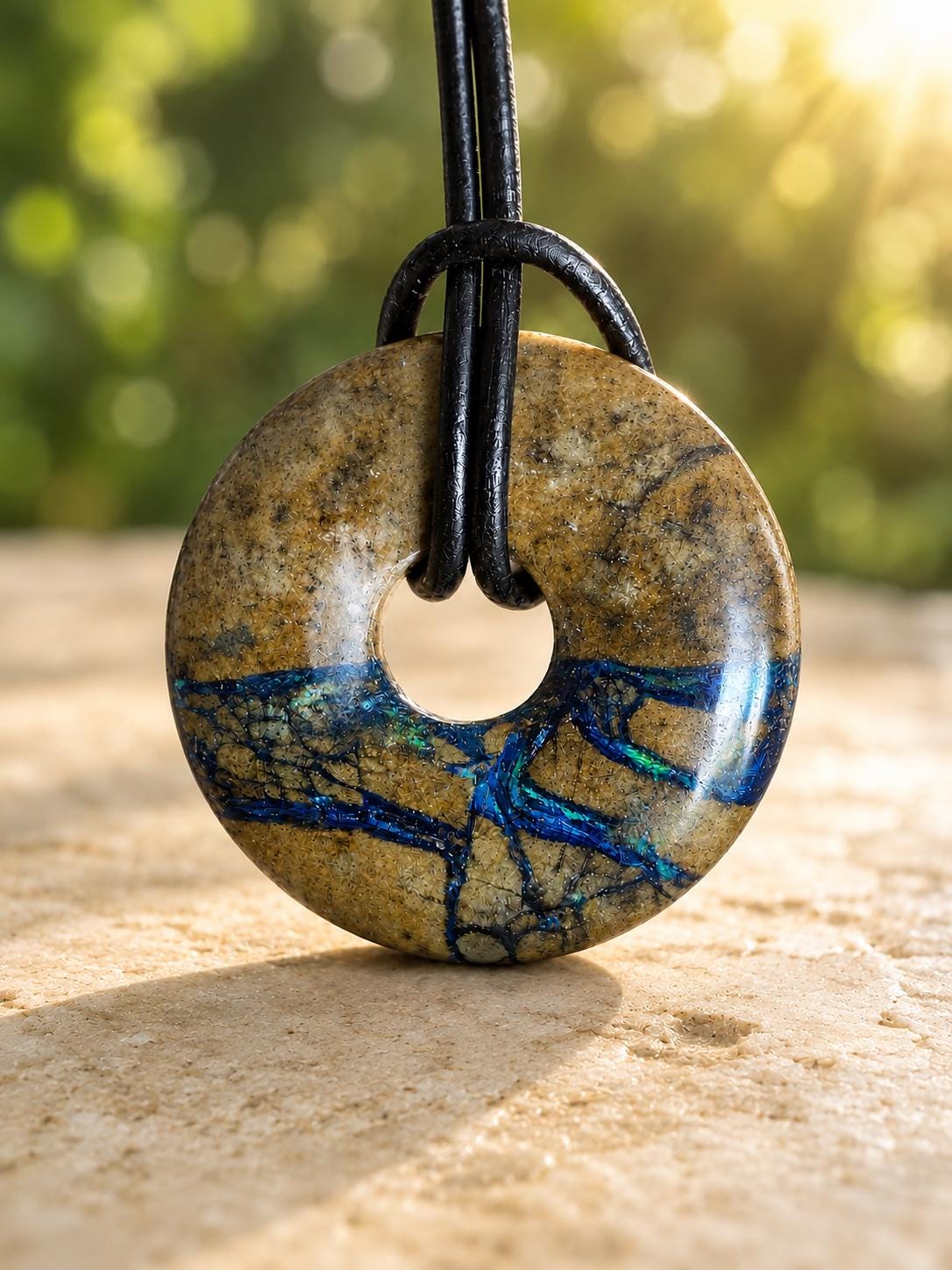 Selten Azurit Malachit Donut Anhänger, 33 x 8 mm, an verstellbarem Lederband, Boho Schmuck Spiritual Hippie Goa Natur Schmuck, Unikat