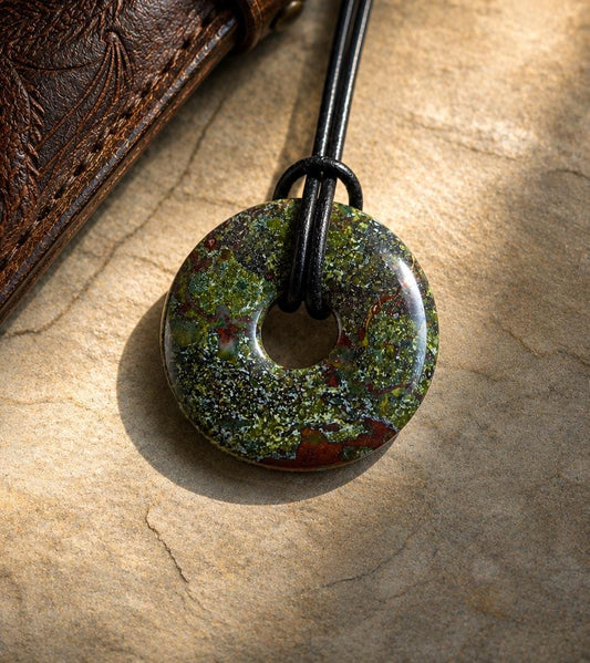 Drachenblut Jaspis, Drachenblut Stein, Donut Anhänger 31 x 6 mm, an verstellbarem Lederband