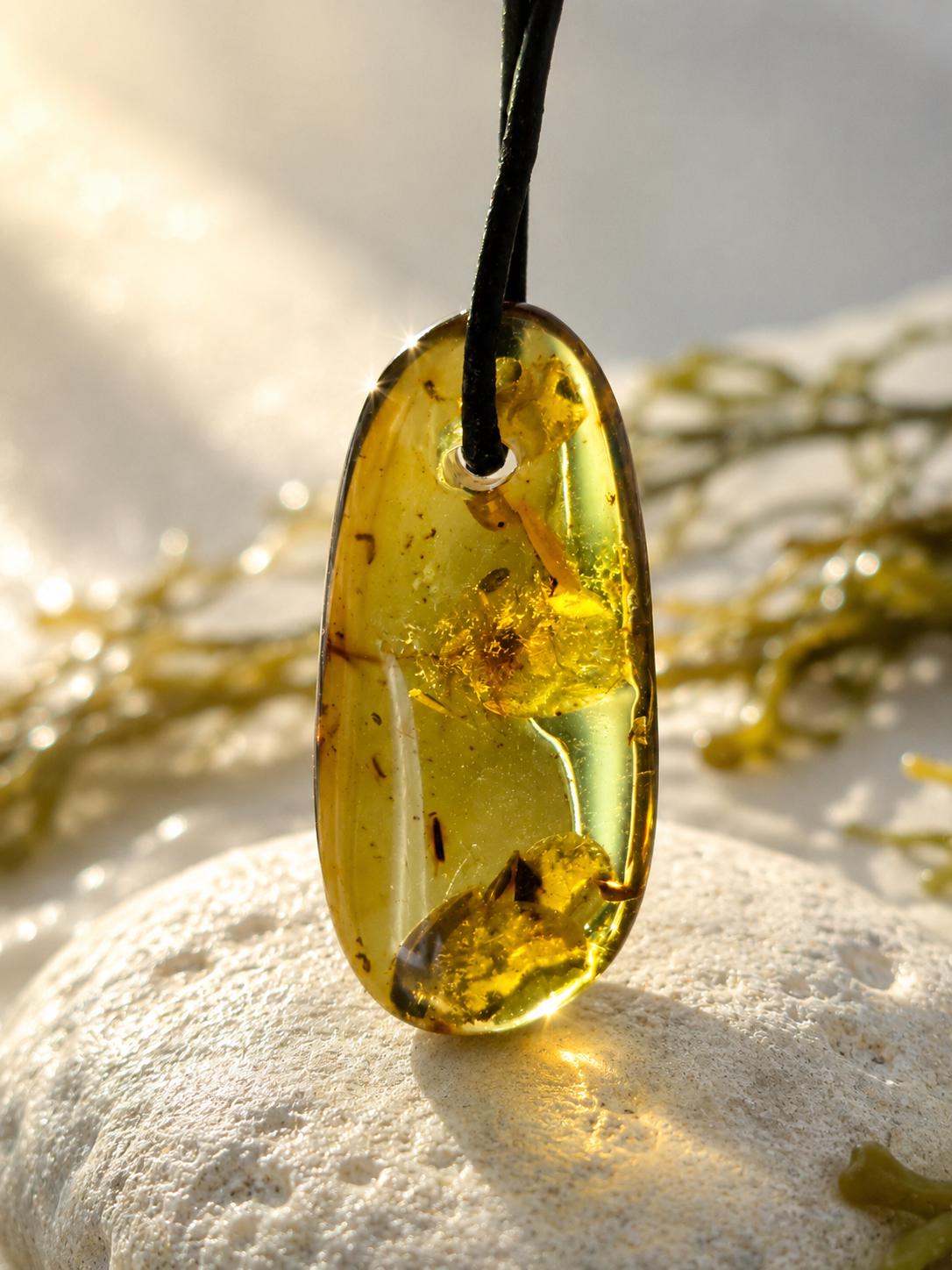 Großer baltischer Bernstein Anhänger, Amulett, Amber pendant, 44 x 22 x 9 mm, an verstellbarem Lederband, Inclusen