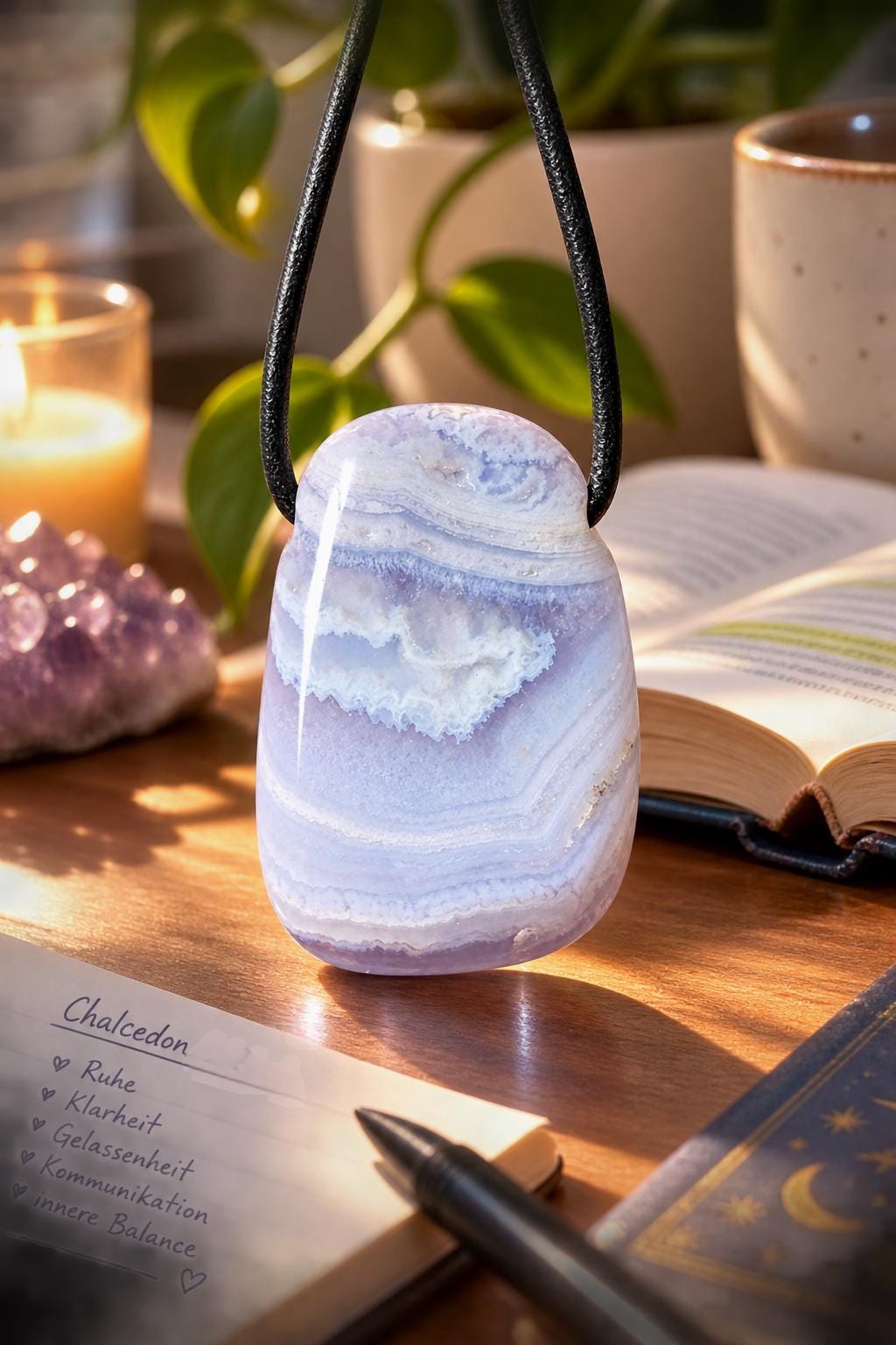 Chalcedon blau, Anhänger, 33 x 24 x 9 mm, gebohrt, an verstellbarem Lederband, Hals-Chakra, Stein für Schüler und Studenten