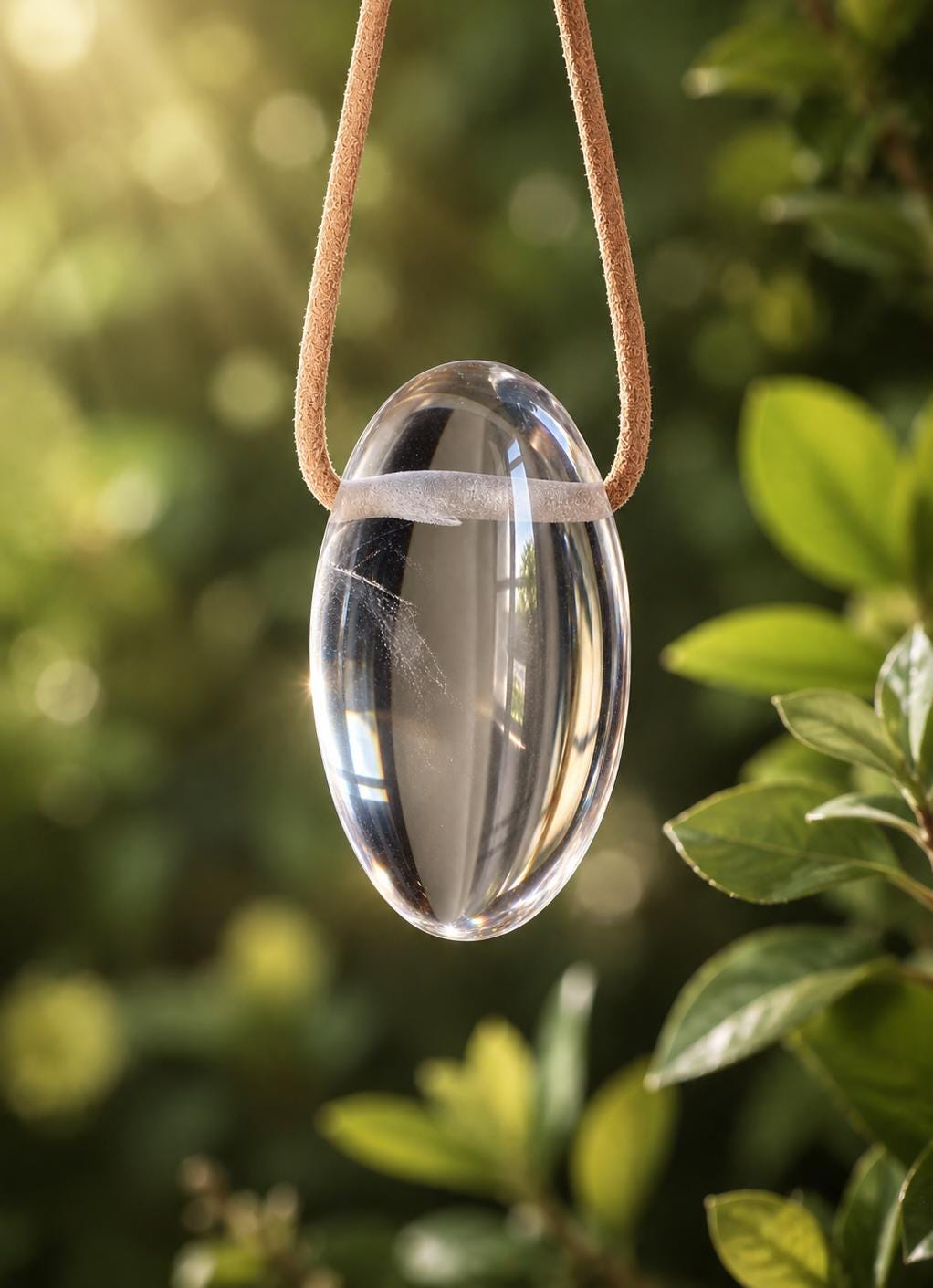 Bergkristall Anhänger, 37 x 23 x 19 mm, gebohrt, an verstellbarem Lederband, längliche Eiform, klarer Naturstein Schmuck, Rock crystal