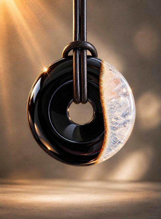 Sardonyx Onyx mit Bergkristall Donut Anhänger, 31 x 7 mm, an verstellbarem Lederband, Kronenchakra Wurzelchakra, spiritueller Schmuck