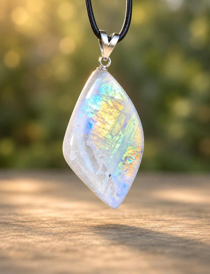 Regenbogen Mondstein weißer Labradorit mit schwarzem Turmalin, Anhänger, an 925er SilberÖse, an verstellbarem Lederband