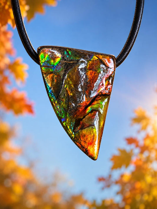 Magischer Ammolit Opal aus Alberta Kanada, Anhänger, 28 x 17 x 8 mm, gebohrt, an verstellbarem Lederband, ammolite, Ammonit