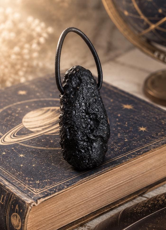 Tektit Indochinit schwarzer Moldavit Meteorit Tropfen großer Anhänger, 42 x 21 x 13 mm, gebohrt, an verstellbarem Lederband