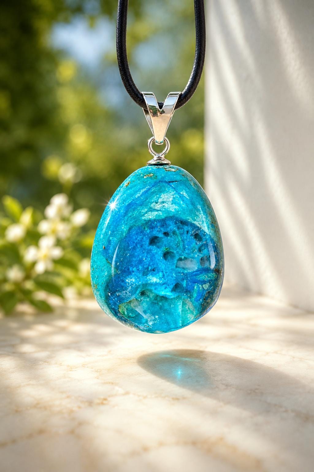 Traumhafter Atacama Opal aus Chile, Anhänger, 36 x 21 x 17 mm, an 925er Silberöse, an verstellbarem Lederband, Hals Chakra, Kommunikation