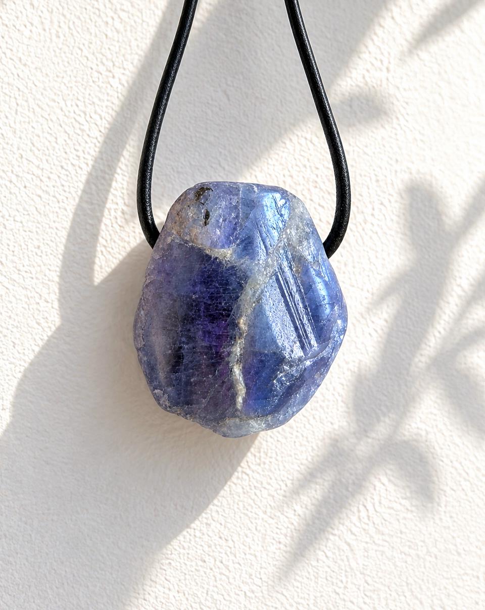 Magischer seltener Tansanit, Tanzanit Rohstein Anhänger Kristall , 28 x 23 x 14 mm, gebohrt an verstellbarem Lederband