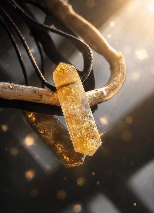 Citrin Kristall Spitze, Doppel Spitze Golden Healer Kristall Spitze, Anhänger, 45 x 10 x 11 mm, gebohrt, an verstellbarem Lederband,