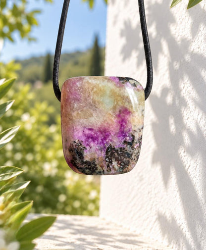 Unikat seltener Gel Sugilith Bustamit Sugilith Anhänger, 28 x 23 x 17 mm, an verstellbarem Lederband, Energiestein Heilstein, Meditation
