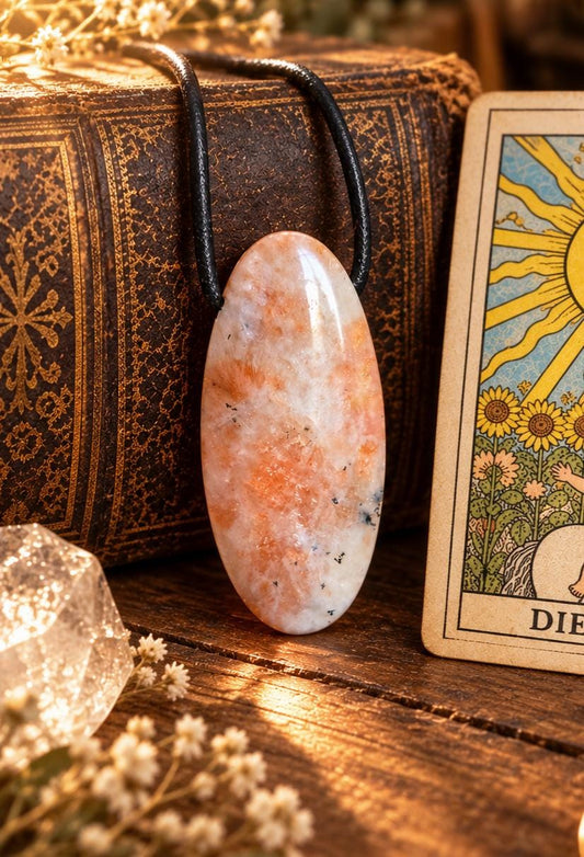 Sonnenstein Anhänger, oval lang, 40 x 20 x 9 mm, gebohrt, an verstellbarem Lederband, Solarplexus Chakra, Meditation