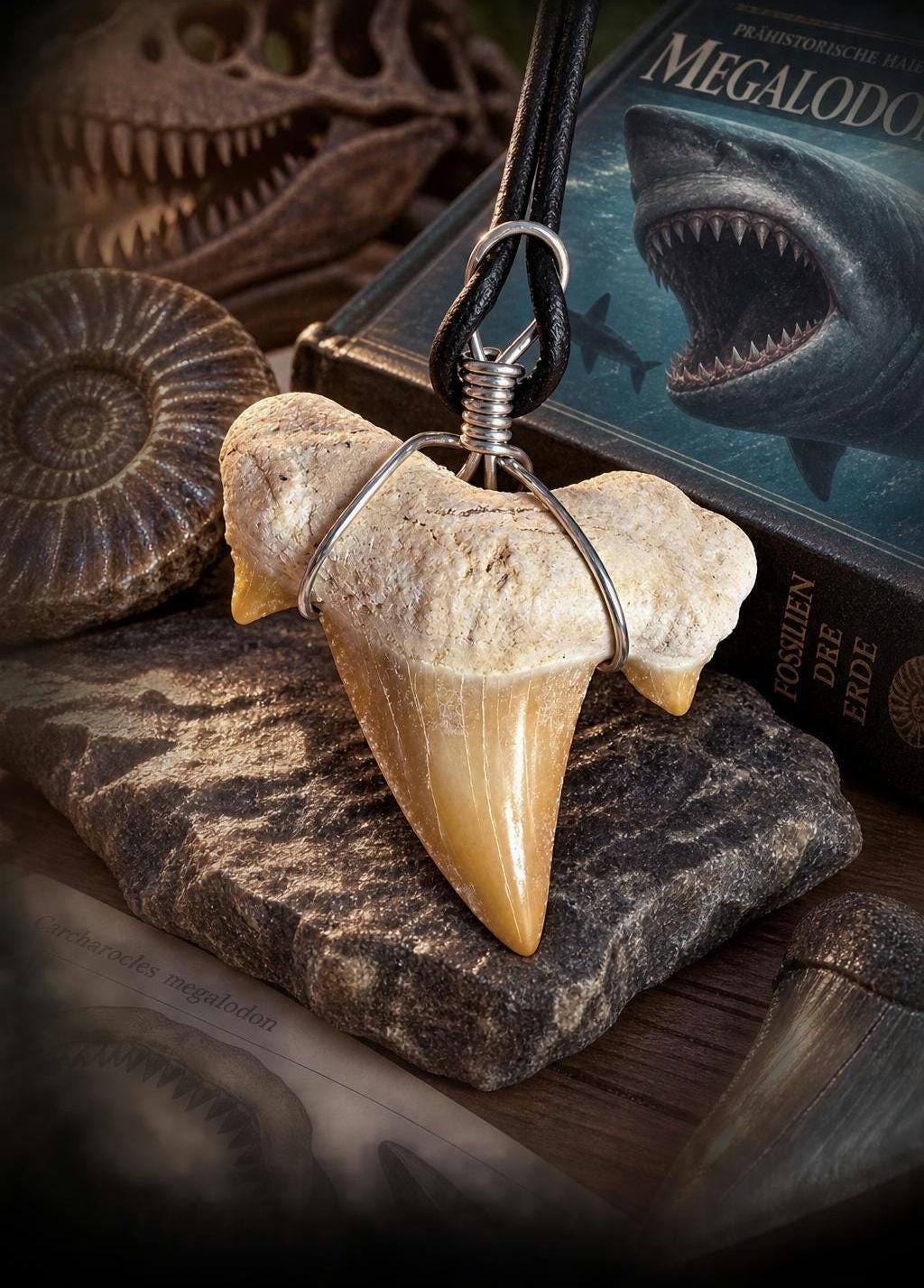Versteinerter, fossiler Haizahn, Megalodon Zahn Anhänger, 38 x 30 x 9 mm, an Lederband, Surferschmuck, Einschulung, Geschenk für Kinder