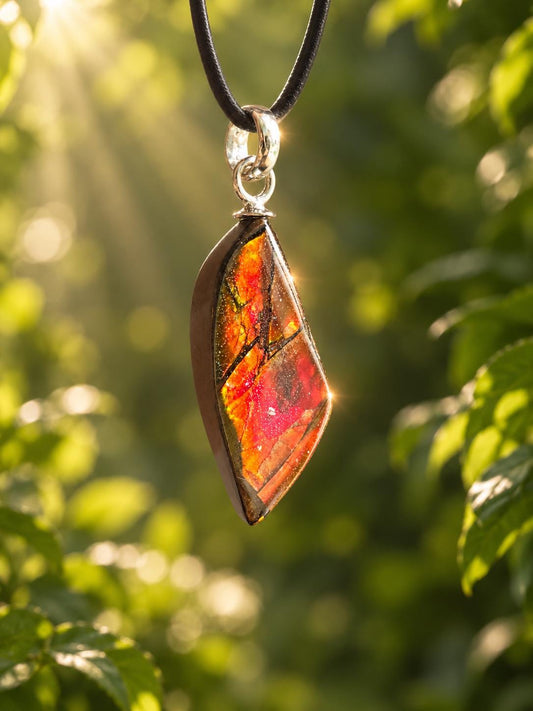Ammolit Opal, Anhänger, 43 x 15 x 8 mm, an 925er Silber Öse, an verstellbarem Lederband