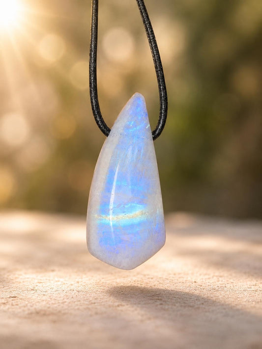 Regenbogen Mondstein, weißer Labradorit mit Anteilen von schwarzem Turmalin, Anhänger, 36 x 17 x 11 mm, an verstellbarem Lederband