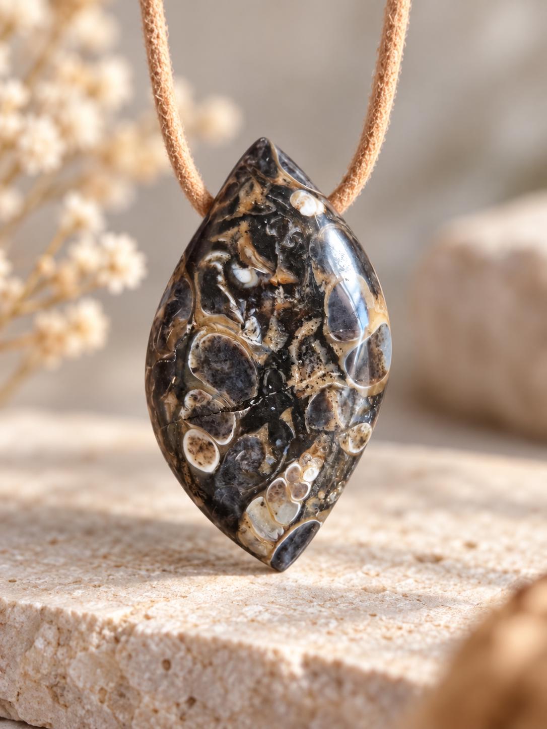 Turritella Achat Turritella Jaspis mit Chalcedon Edelstein mit fossilen Schnecken, Anhänger, 39 x 23 x 10 mm, an verstellbarem Lederband