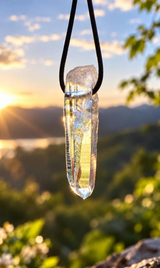 Magischer Lemuria lemurischer Kristall mit Yin Code, Kristallspitze Anhänger, 46 x 12 x 10 mm, gebohrt, an verstellbarem Lederband