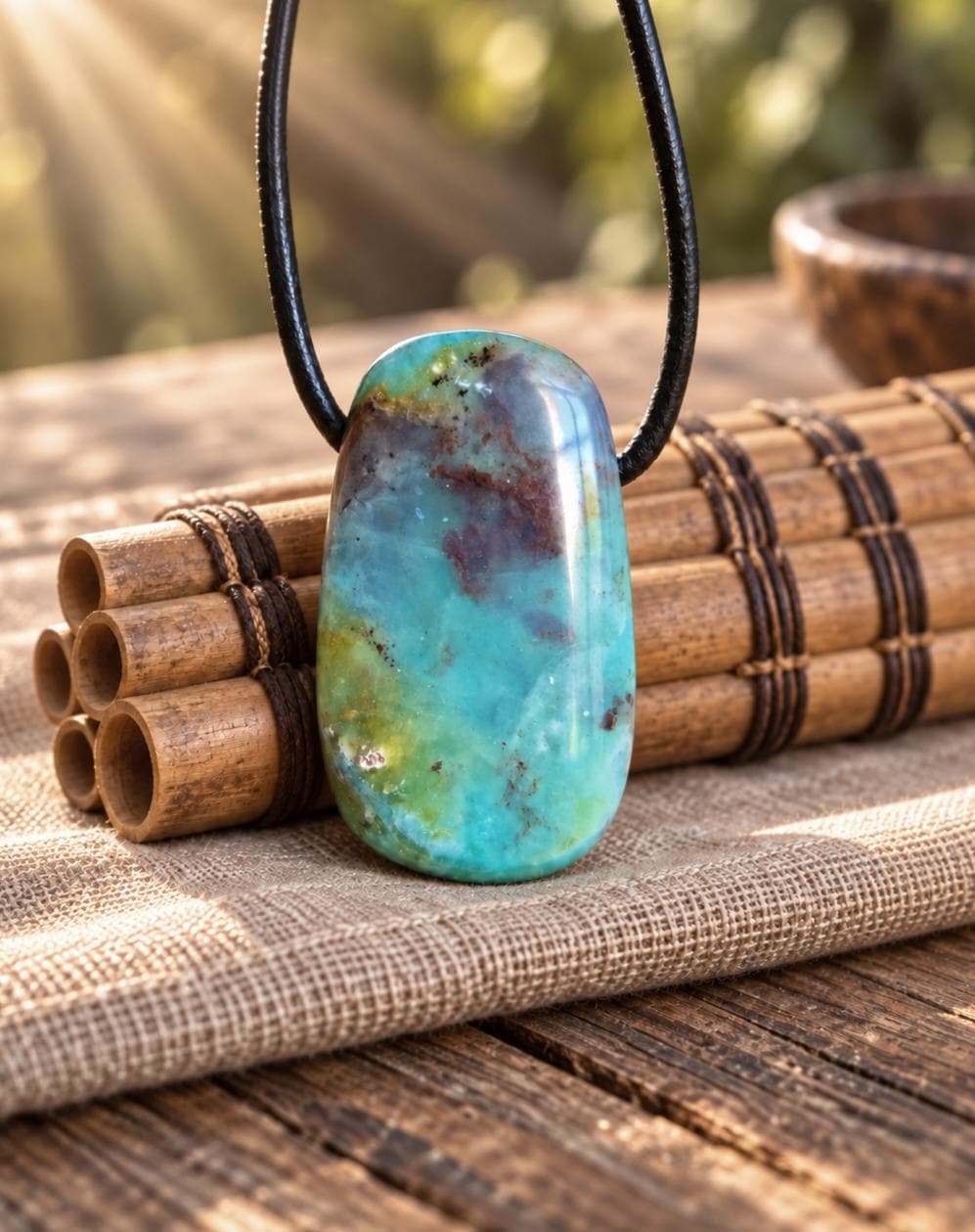Andenopal blau grün, Chrysopal blau grün türkis Anhänger, 33 x 20 x 9 mm, gebohrt, an verstellbarem Lederband, Opal aus Peru, Hals Chakra