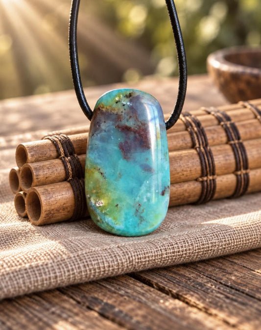 Andenopal blau grün, Chrysopal blau grün türkis Anhänger, 33 x 20 x 9 mm, gebohrt, an verstellbarem Lederband, Opal aus Peru, Hals Chakra