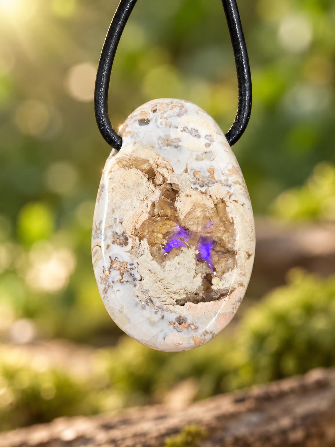 Mexikanischer Feueropal im Muttergestein,Anhänger, 32 x 22 x 9 mm, handgeschliffenes Unikat, an verstellbarem Lederband