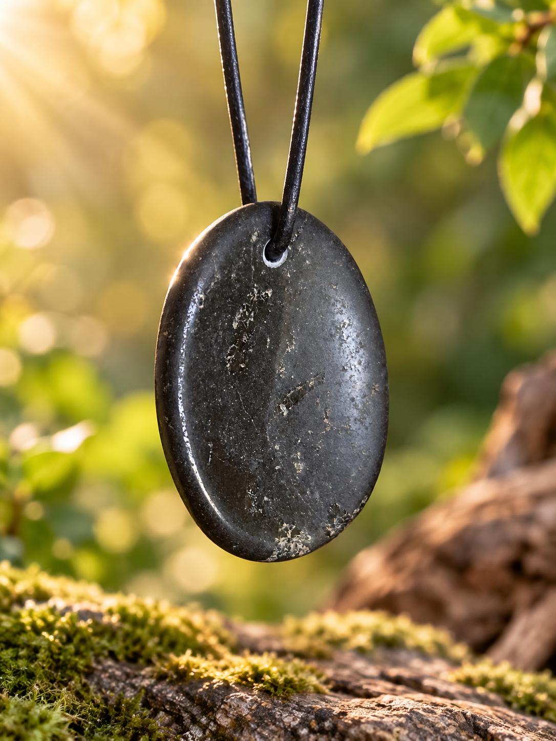 Schwarzer Turmalin, Schörl, Anhänger, Daumenstein, worry stone, 35 x 27 x 7 mm, gebohrt, an verstellbarem Lederband