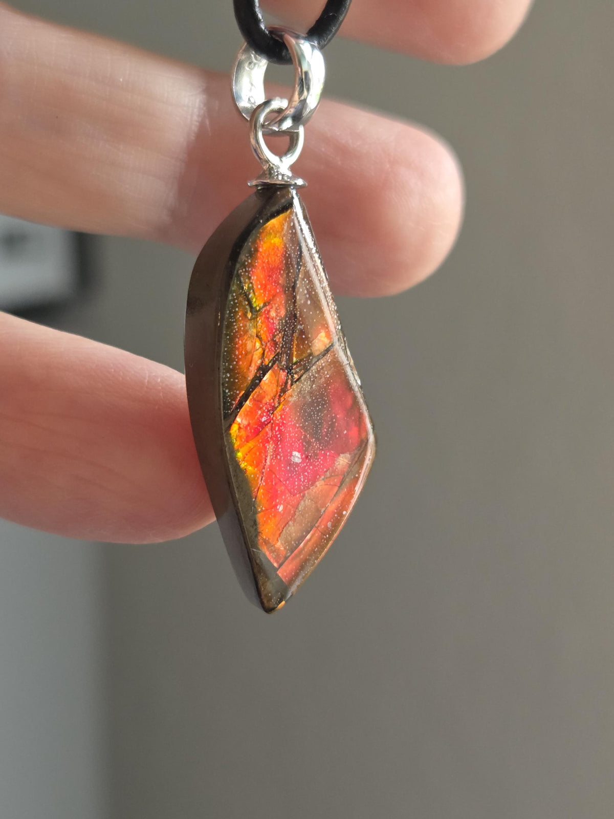 Ammolit Opal, Anhänger, 43 x 15 x 8 mm, an 925er Silber Öse, an verstellbarem Lederband