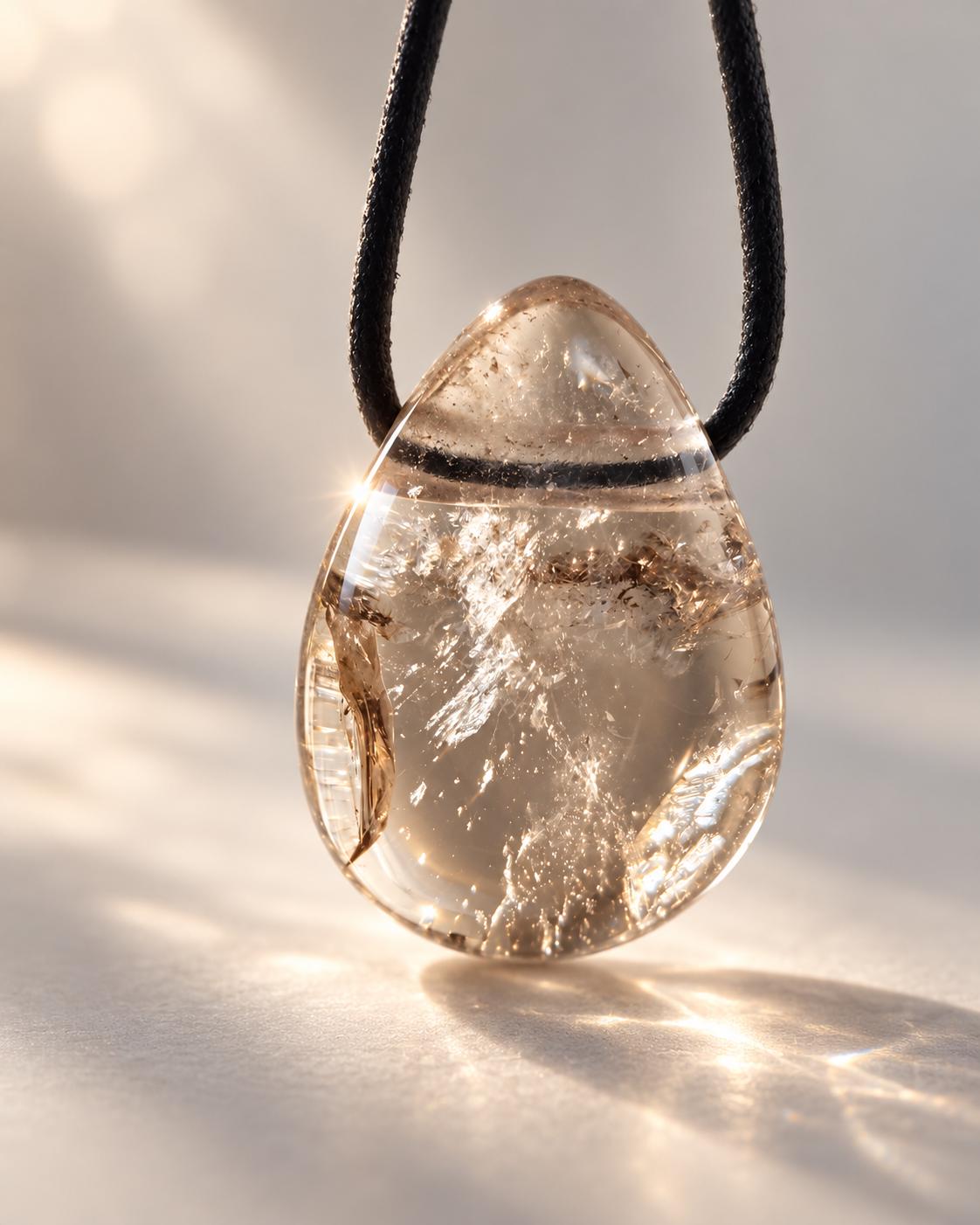 Rauchquarz Anhänger tropfenförmig, aus dem Schweizer Kanton Uri, 30 x 23 x 9 mm, gebohrt am Lederband, Wurzelchakra Meditation Schutzstein