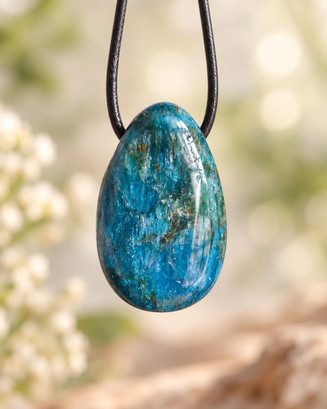Apatit Anhänger, 30 x 20 x 11 mm, gebohrt, an verstellbarem Lederband, Hals Chakra, Harmonie und Lebensfreude