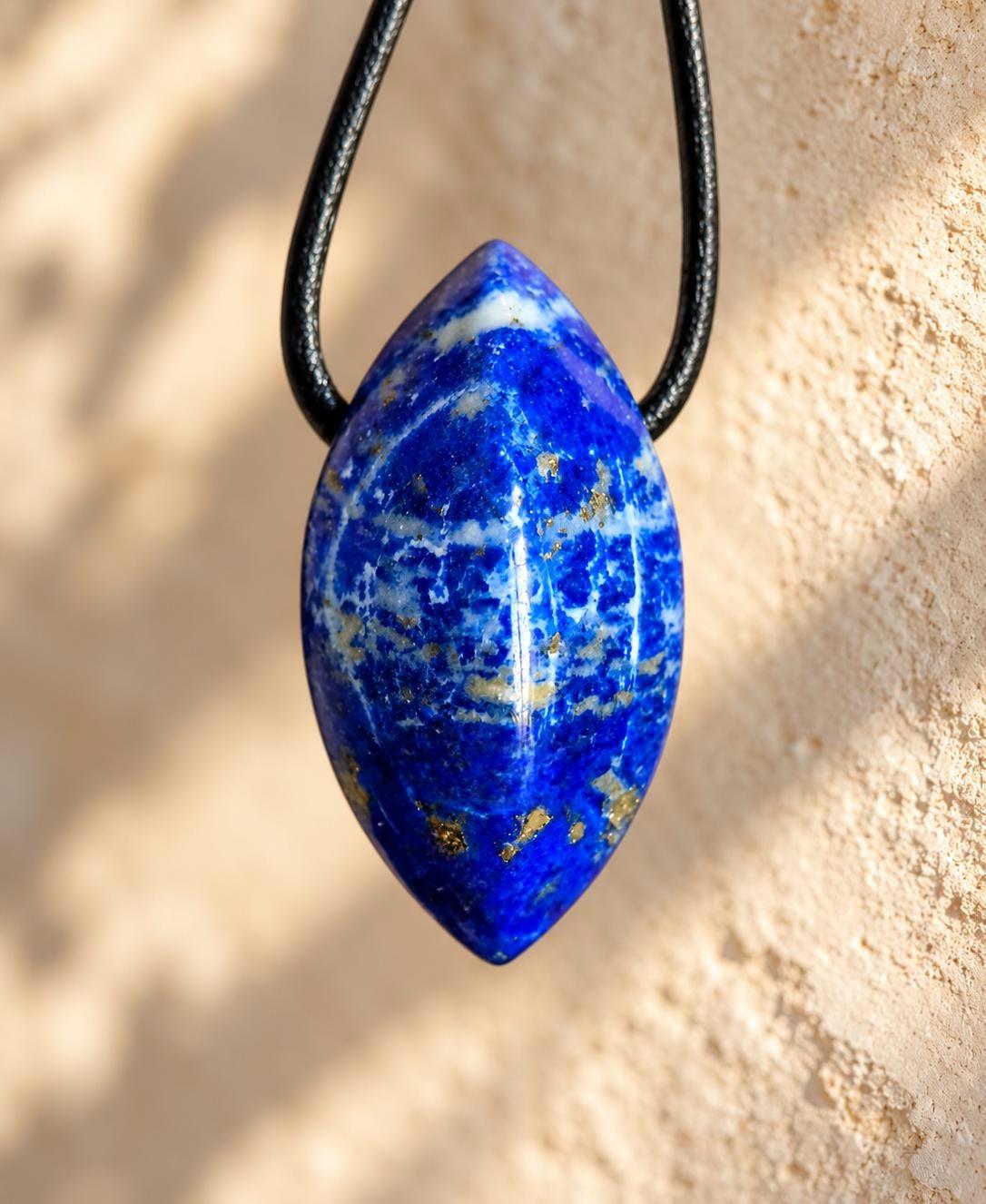 Lapislazuli Lapis Lazuli Anhänger Navetteförmig, Stein der Engel, 30 x 11 x 13 mm, gebohrt, an verstellbarem Lederband