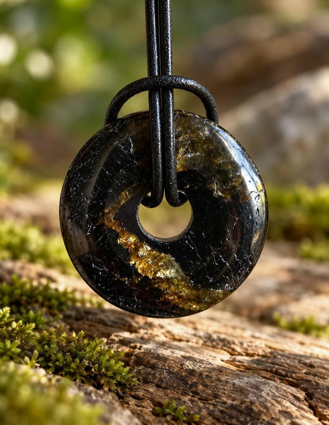 Schwarzer Turmalin Schörl, Dunut Anhänger, 30 x 7 mm, an verstellbarem Lederband, Schutzstein Schutzamulett