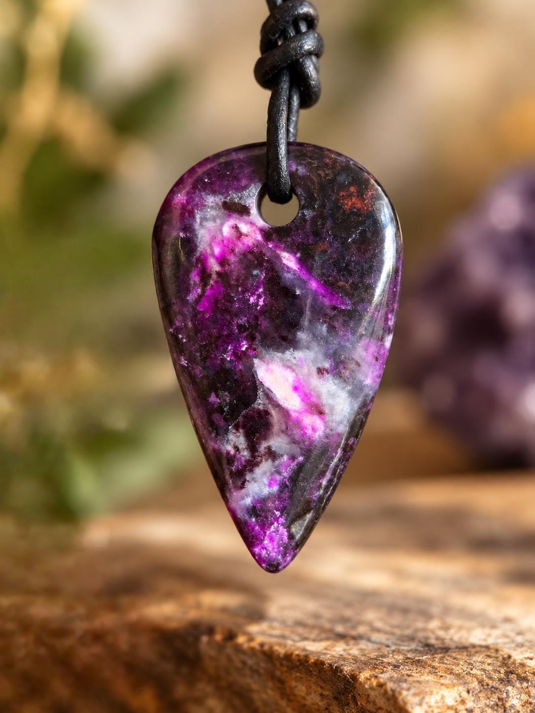 Sugilith Anhänger , 34 x 19 x 5 mm, gebohrt, an verstellbarem Lederband, beidseitig tragbar, Kronenchakra, Schutzstein