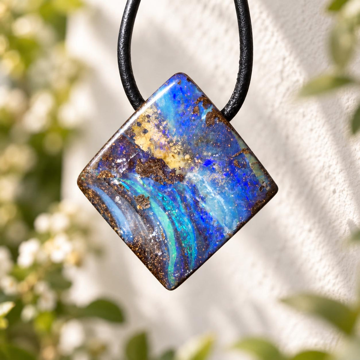 Kleiner flashfire blauer Boulder Opal, Boulderopal Anhänger, 28 x 25 x 6 mm, Quilpie Queensland Australien, an verstellbarem Lederband