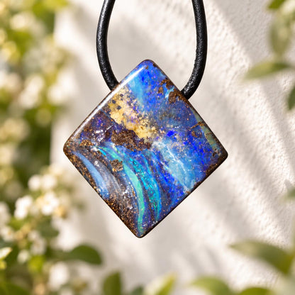 Kleiner flashfire blauer Boulder Opal, Boulderopal Anhänger, 28 x 25 x 6 mm, Quilpie Queensland Australien, an verstellbarem Lederband
