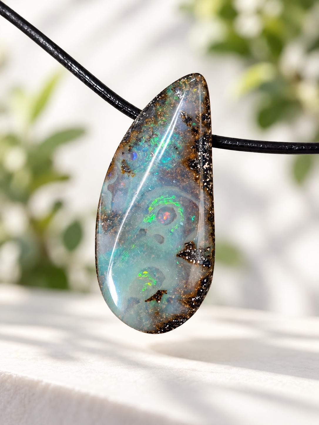 Boulder Opal, mit grün gelb und rot Flashfire Boulderopal Anhänger, 35 x 18 x 9 mm, Queensland Australien, an verstellbarem Lederband