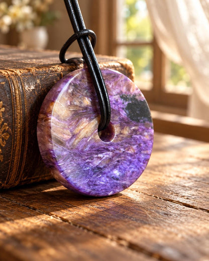 Charoit Donut Anhänger, Charoite 1A Qualität, Anhänger, 39 x 9 mm, an verstellbarem Lederband, Stirnchakra Kronenchakra,