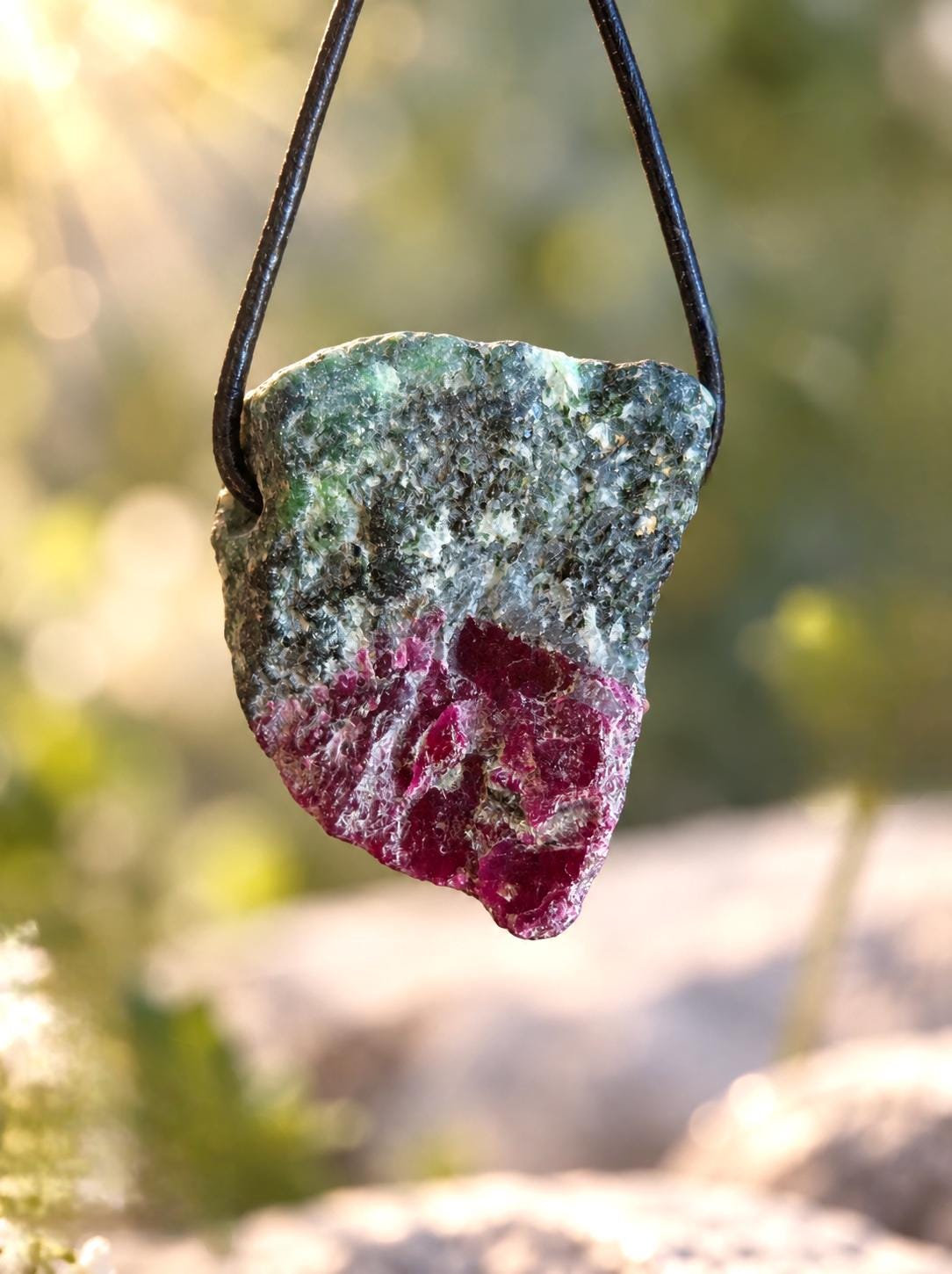 Rubin in Zoisit Anyolith Rohstein Anhänger, 35 x 30 x 14 mm, gebohrt, an verstellbarem Lederband