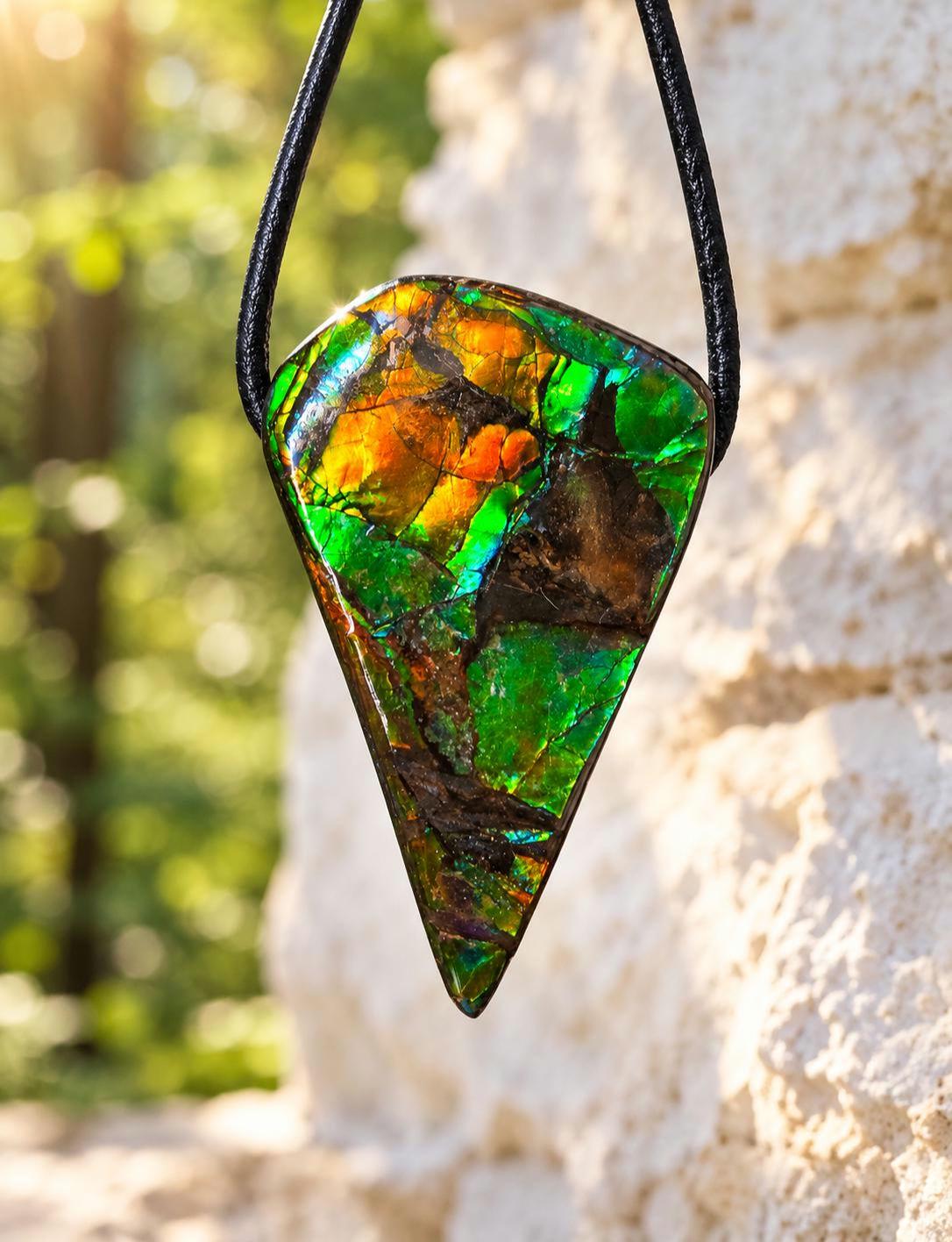 Geheimnisvoller Ammolit Opal orange grün gelb, aus Alberta Kanada, Anhänger, 38 x 23 x 10 mm, gebohrt, an verstellbarem Lederband