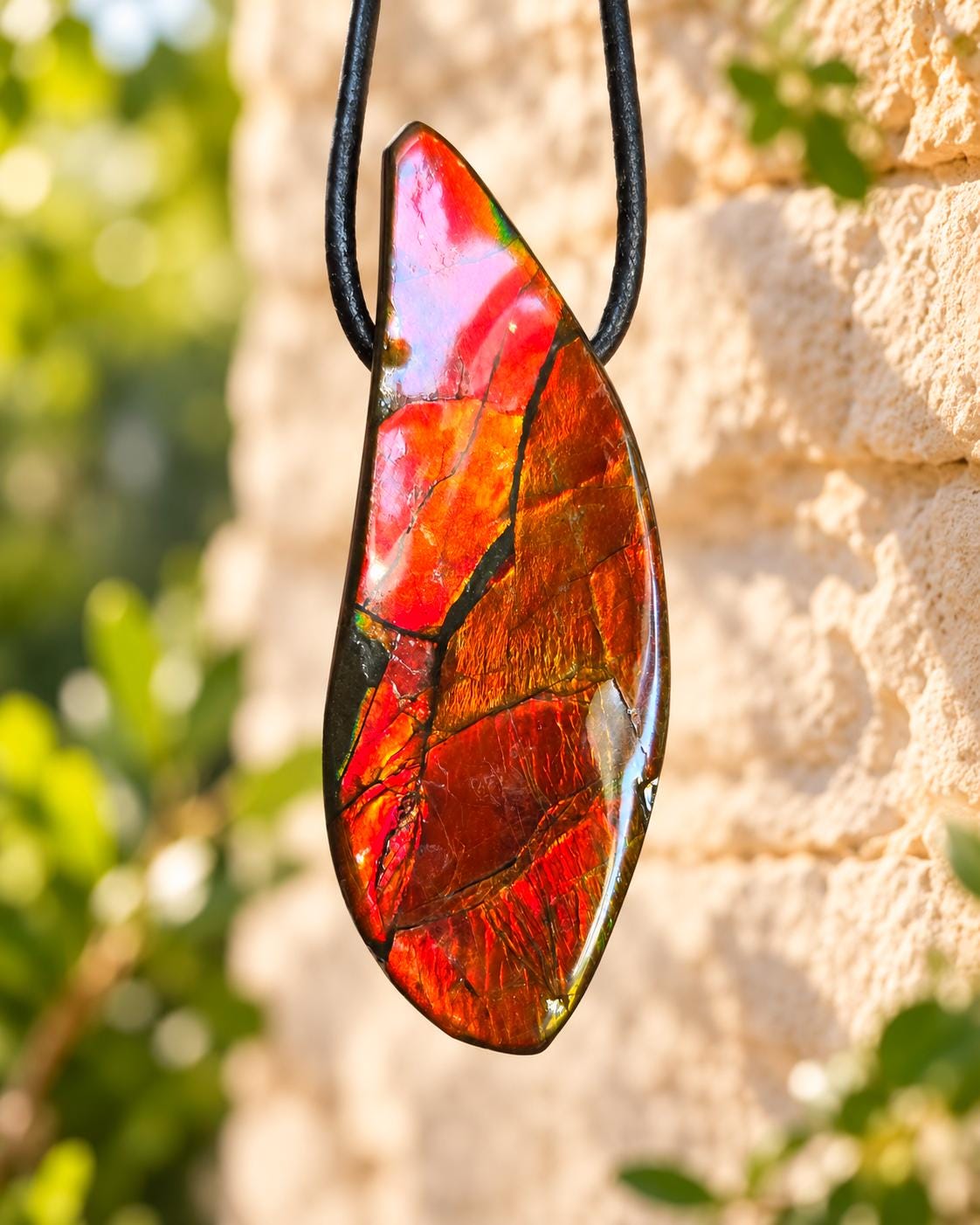 Seltener Ammolit Opal rot, Anhänger aus Alberta Kanada, 49 x 19 x 9 mm, gebohrt, an verstellbarem Lederband, Ammolit