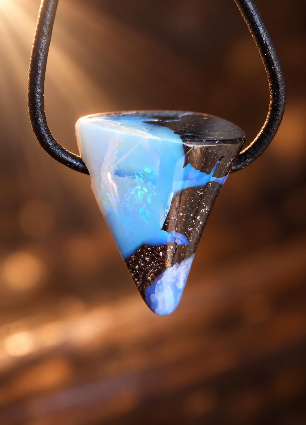 Boulder Opal Boulderopal Anhänger, 26 x 19 x 14 mm, an verstellbarem Lederband, blauer Kristall, flashfire Opal