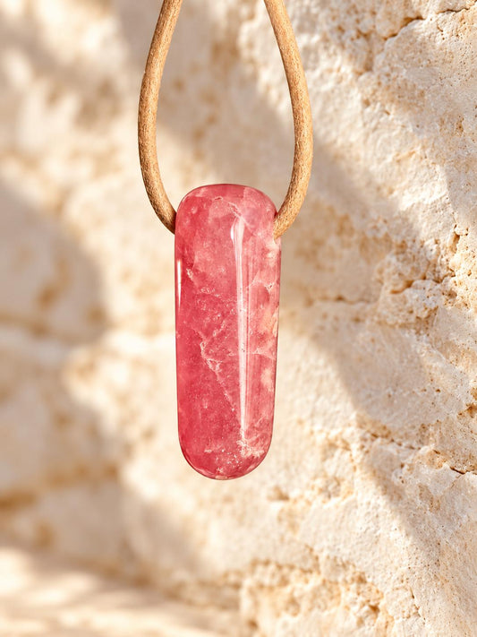 Kleiner Rhodochrosit Stäbchen Anhänger, 30 x 11 mm, gebohrt, an verstellbarem Lederband
