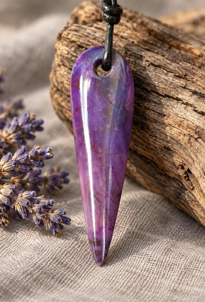 Sugilith Anhänger lang schmal elegant, 45 x 13 x 6 mm, gebohrt, an verstellbarem Lederband, beidseitig tragbar, Kronenchakra, Schutzstein