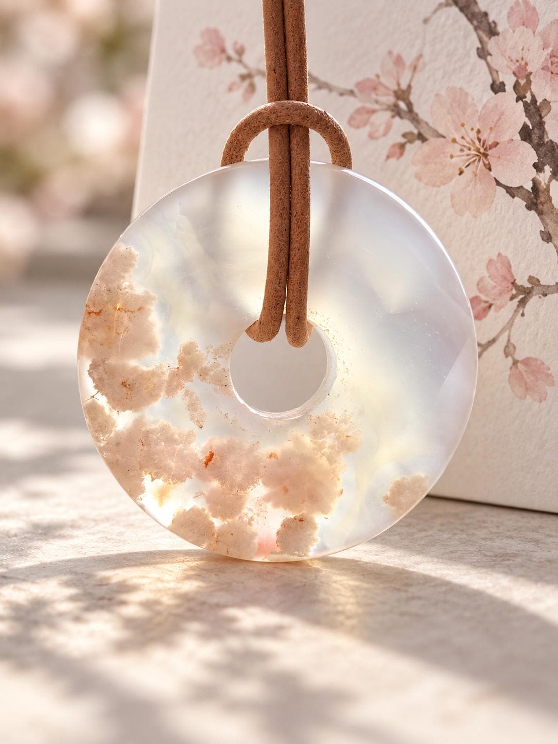 Kirschblüten Achat Sakura Blumenachat Donut Anhänger 33 x 7 mm, an verstellbarem Lederband