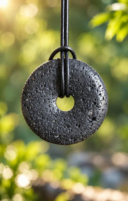Lavastein Lava, aus dem Vulkan Hekla Island, Donut Anhänger, 40 x 8 mm, gebohrt, an verstellbarem Lederband