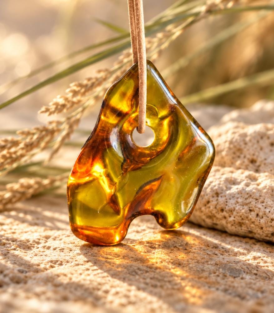 Baltischer Bernstein Anhänger, Amulett, Amber pendant, 43 x 33 x 16 mm, an verstellbarem Lederband
