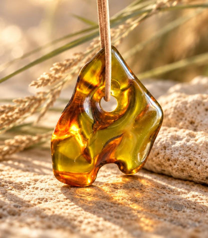 Baltischer Bernstein Anhänger, Amulett, Amber pendant, 43 x 33 x 16 mm, an verstellbarem Lederband