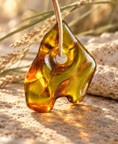 Baltischer Bernstein Anhänger, Amulett, Amber pendant, 43 x 33 x 16 mm, an verstellbarem Lederband