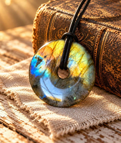 Labradorit Donut groß, grün blau apricot gold Anhänger, 40 x 7 mm, gebohrt, an verstellbarem Lederband